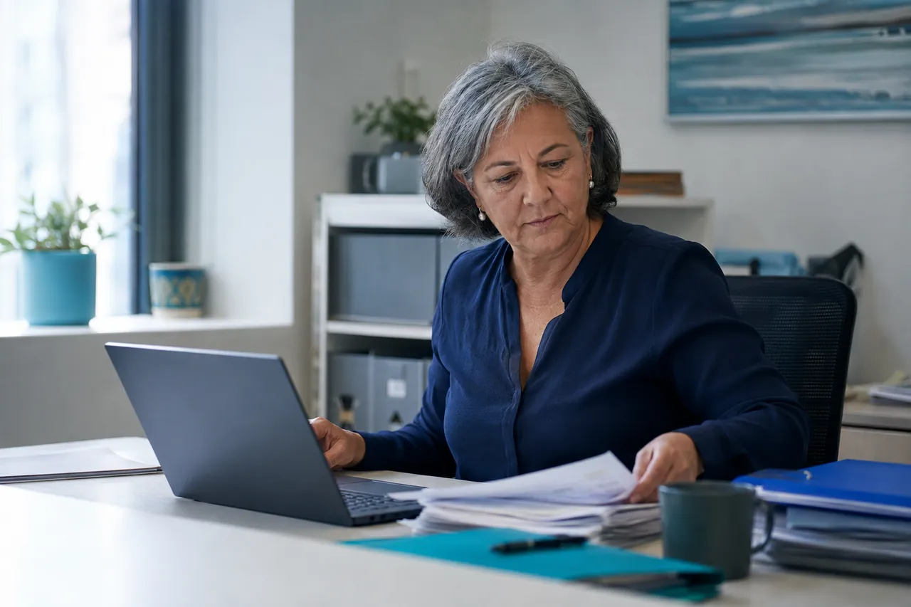 A woman working through a stack of paperwork at a desk beside a laptop