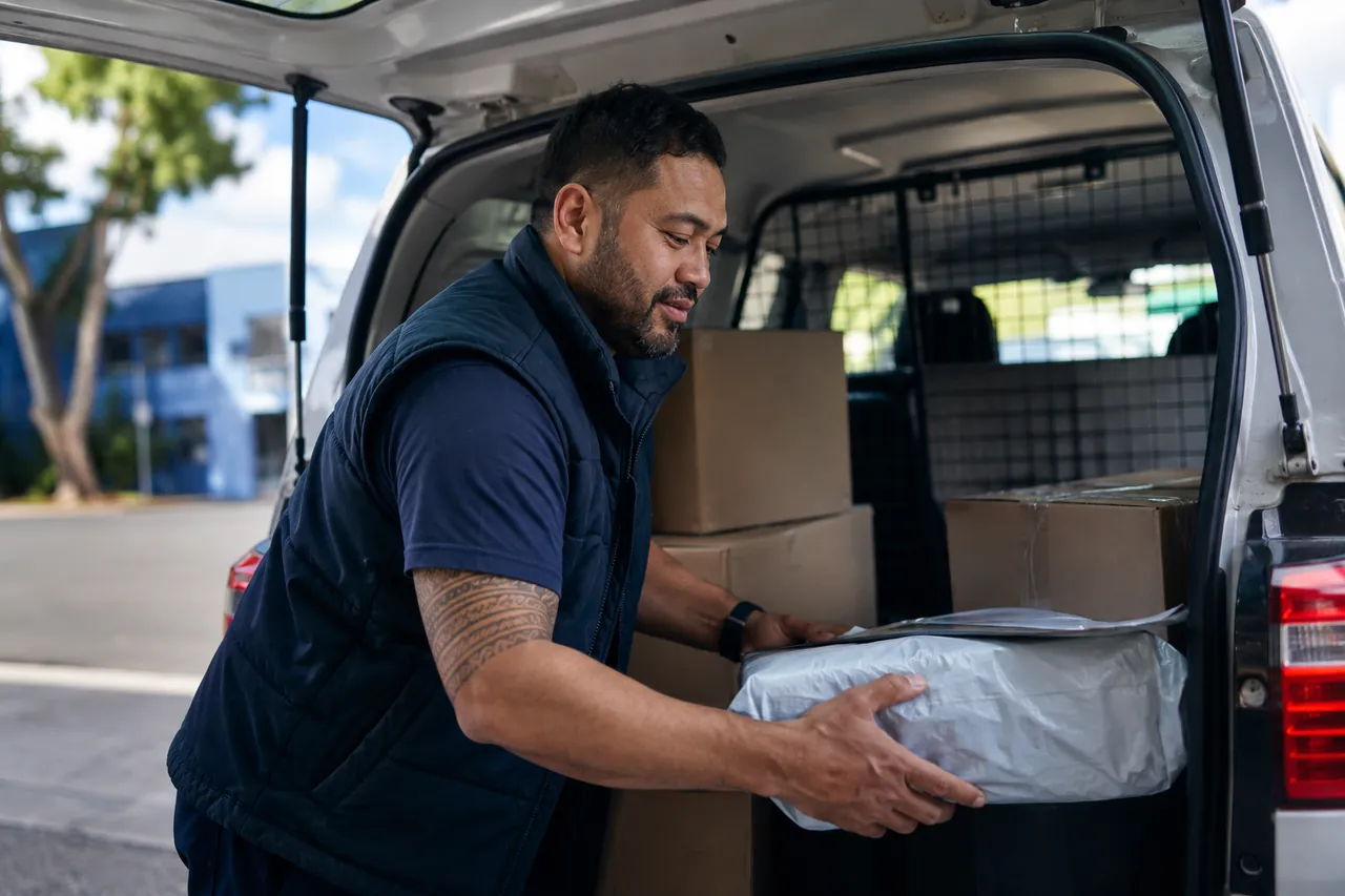 A courier lifting a parcel into the back of a van at the kerb