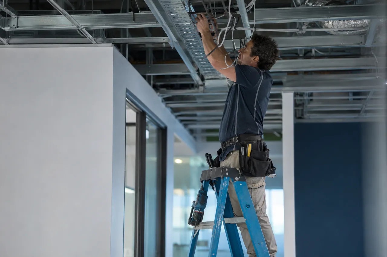 An electrician on a step ladder working on cabling in an exposed ceiling