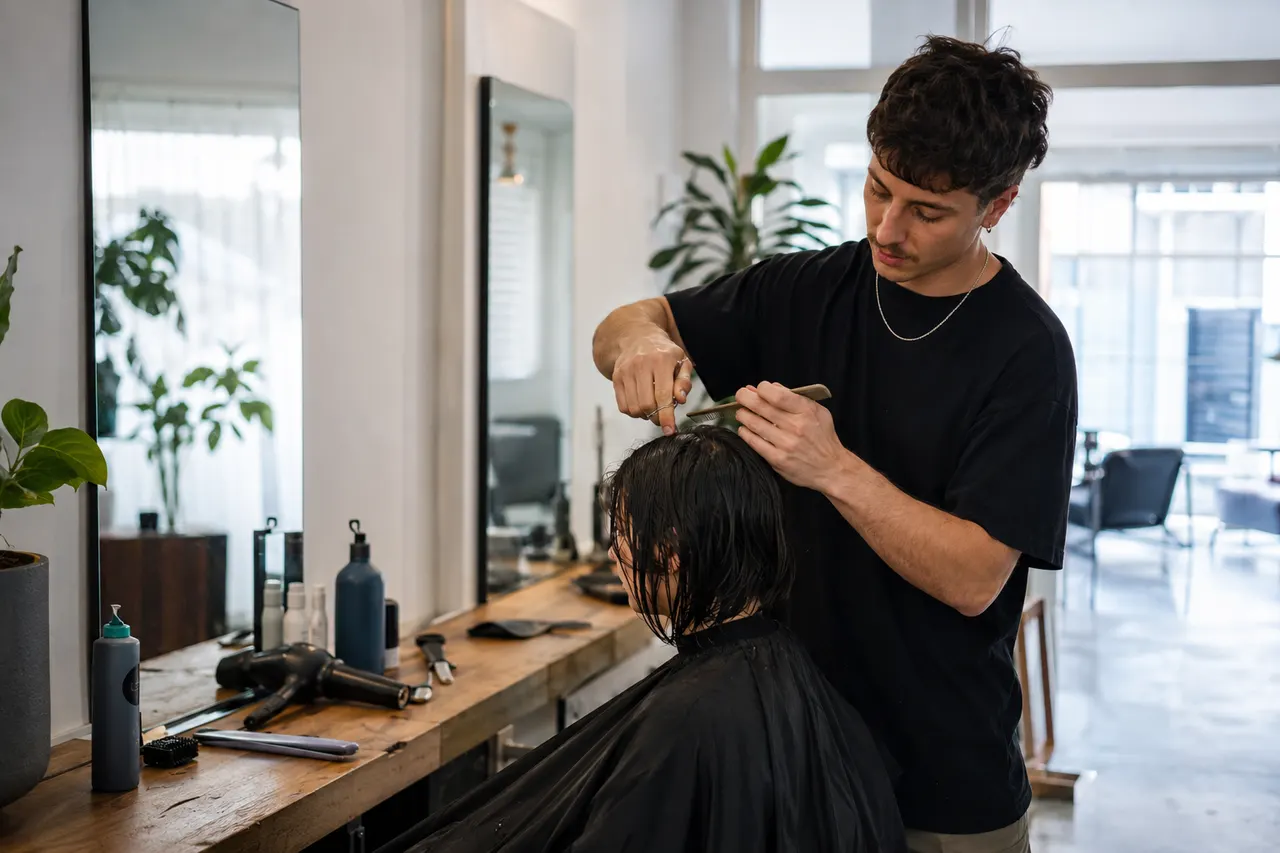 A hairdresser combing and cutting a client's wet hair at a salon chair