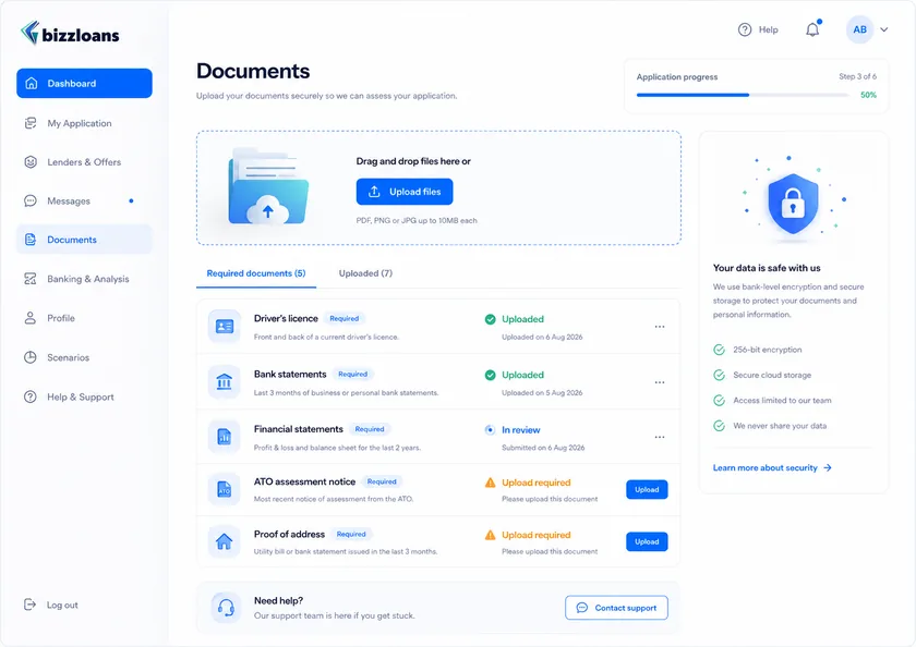 The app's documents view: a drag-and-drop upload area and a checklist of required documents with their status.