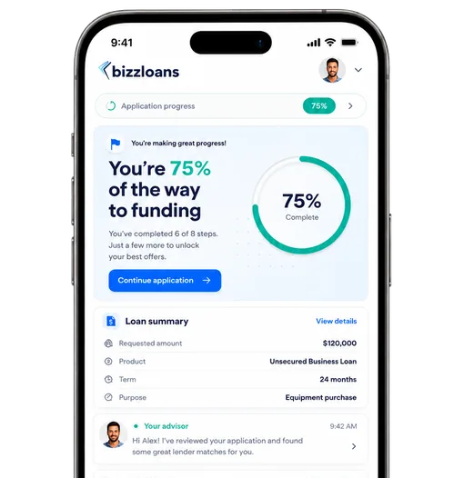 The same application on a phone, seventy-five per cent complete, with a loan summary underneath.