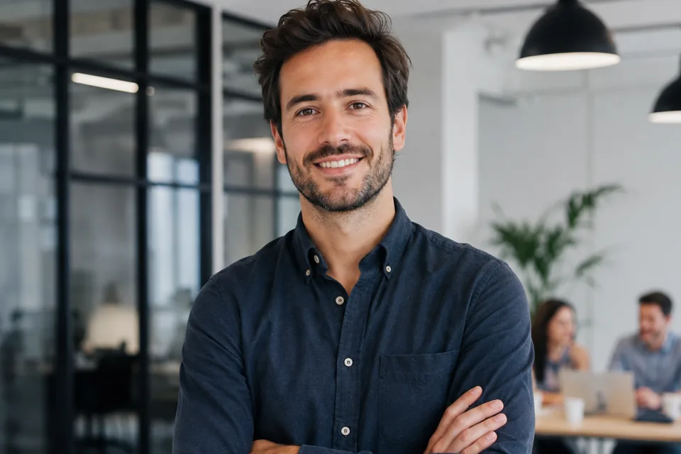 A man standing in an open-plan office with colleagues working behind him