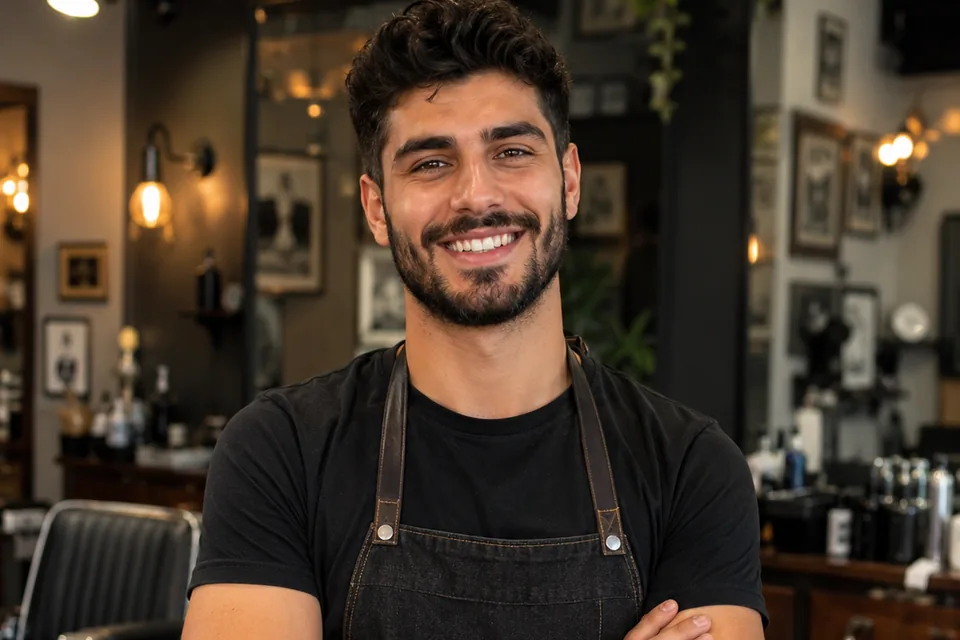 A barber in a work apron standing in his shop between chairs