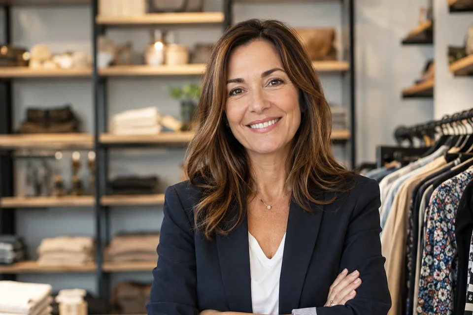 A woman in a blazer standing among racks in her clothing shop