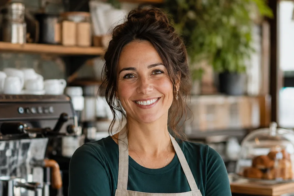 A woman in an apron standing behind the counter of her cafe
