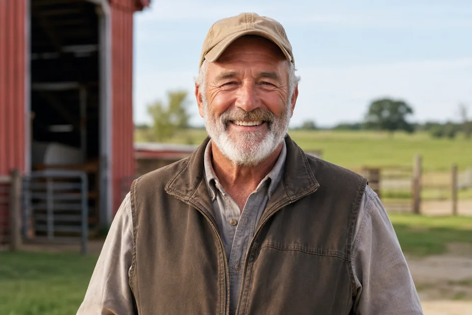 A man in a work vest standing on his property with a shed and paddock behind him