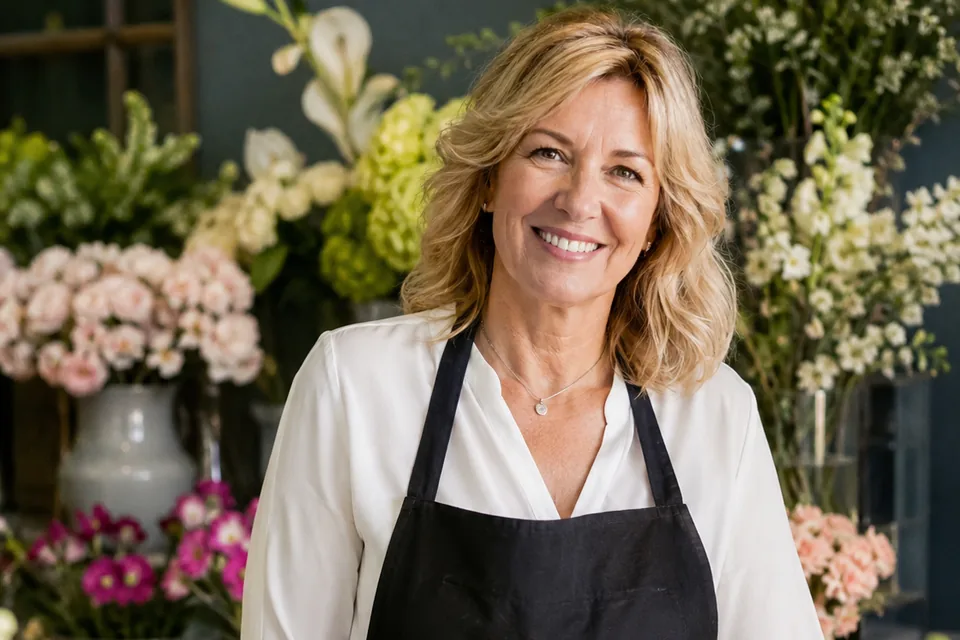 A florist in an apron standing among arrangements in her shop