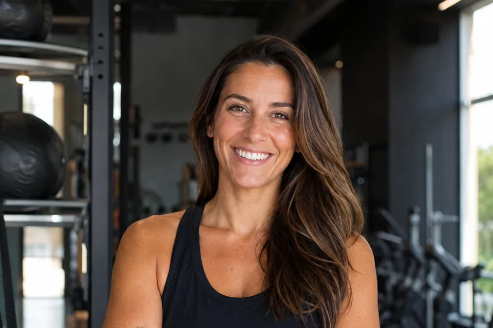 A woman standing on the floor of her gym with racked weights behind her