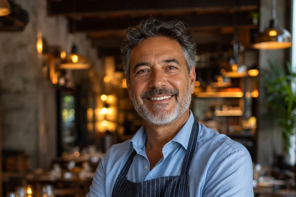 A restaurant owner in an apron standing in his dining room before service
