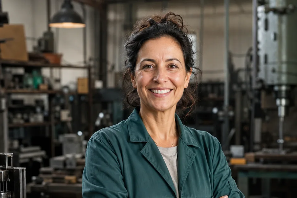 A woman in workwear standing among machinery in her fabrication workshop