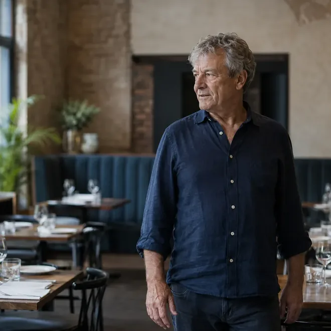 A restaurant owner standing among set tables in his dining room before service