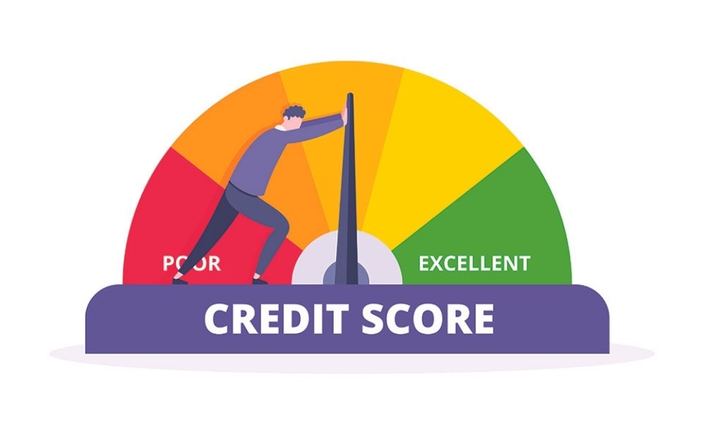 Man pushes credit score arrow gauge speedometer indicator with color levels. Measurement from poor to excellent rating for credit or loans concept flat style design vector illustration.