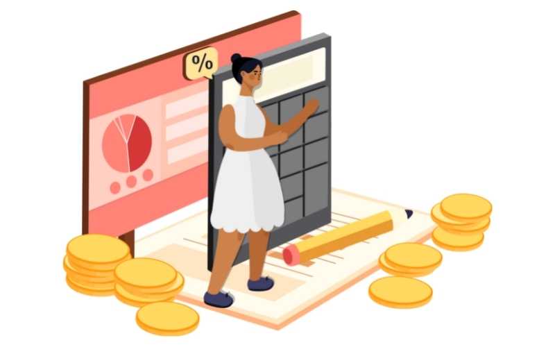 business woman making an estimation of her income; vector illustration