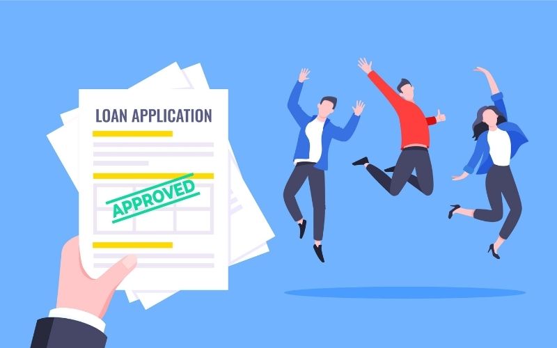 Hand holds loan approval application paper sheets document. Business loan form with stamp approved and happy person jumping behind flat style design vector illustration.