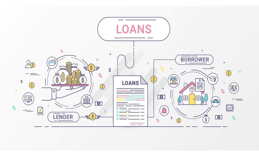 Loan info graphics. Loan agreement between the lender and the borrower. Vector illustration. Flat line design.