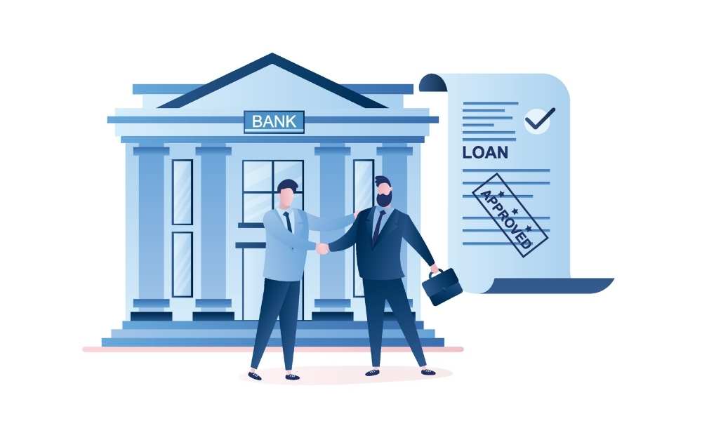 bank manager and small business loan broker shaking hands in front of the bank with 'loan approved" document; vector illustration