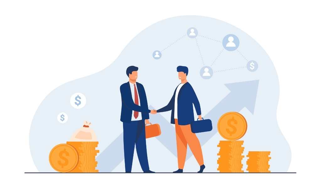 Two business partners handshaking flat vector illustration. Cartoon businessmen concluding agreement for equipment financing.