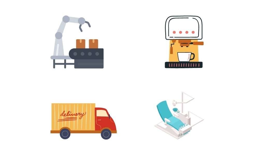 business equipment icons: manufacturing equipment, coffee machine, delivery truck and hospital equipment