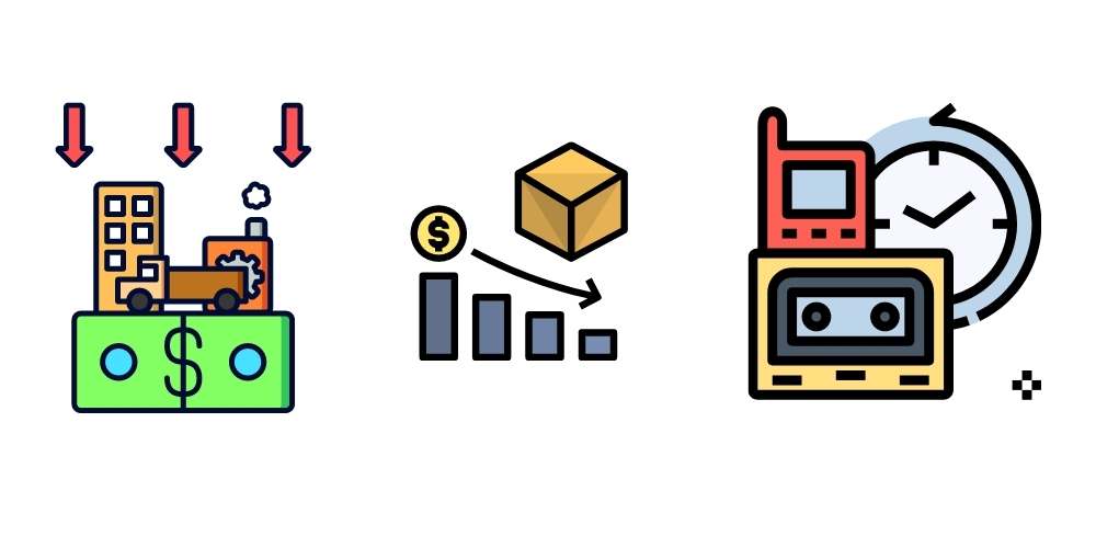 set of icons; obsolete icon, price and product depreciation icons