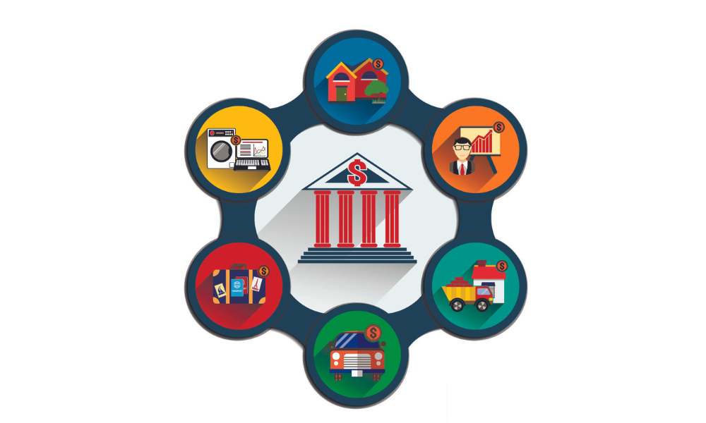 Infographic illustration with integrated icons for various types of bank loan services, including mortgage & auto loans, consumer & business loans, building & home improvement loans and tourism loan.