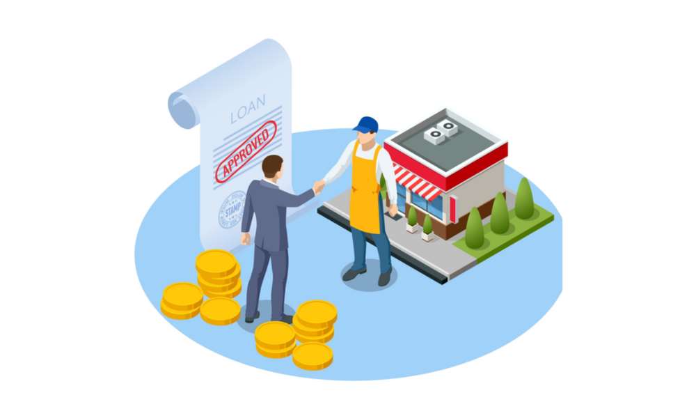 small business owner shaking hands with a lender; approved loan concept in vector illustration