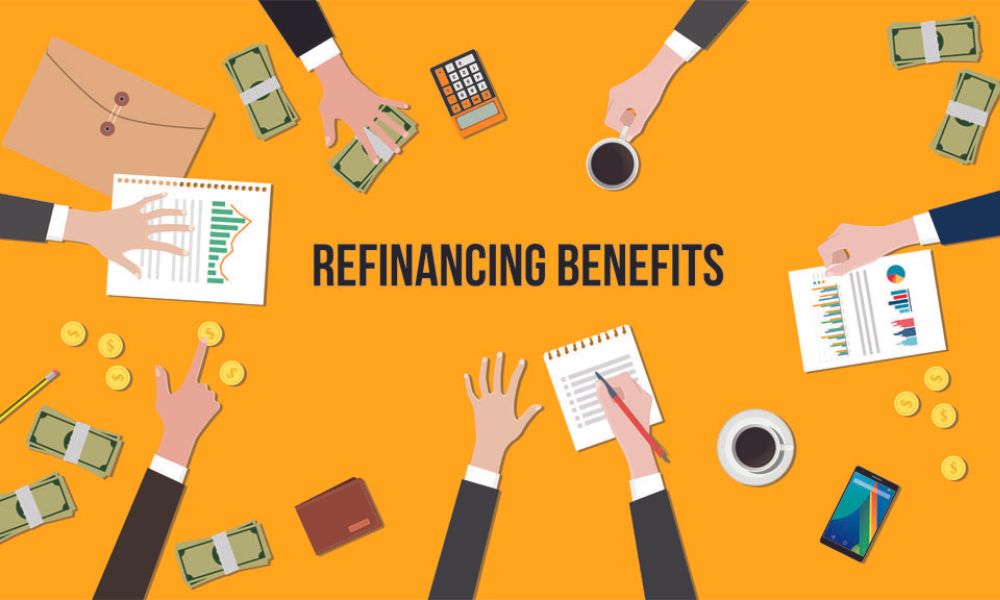 illustration of the benefits of Refinancing business loan; discussion situation in a meeting with paperworks, money and coins on top of table