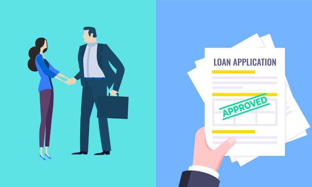 business woman shaking hands with a finance specialist on approved loan refinancing application; vector illustration