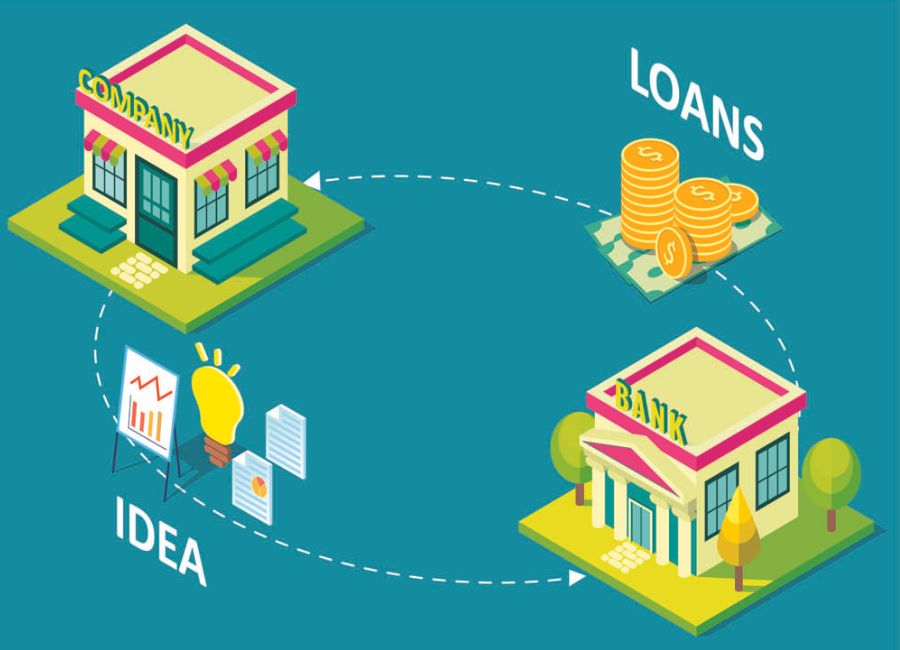 Business loan concept vector isometric illustration. Business loan process infographic with company building, idea, bank building and money symbols, icons.