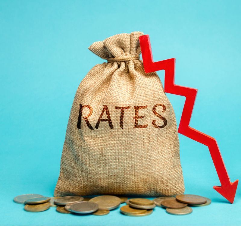 money bag with the word Rates and down arrow; concept of comparing business loans interest rates