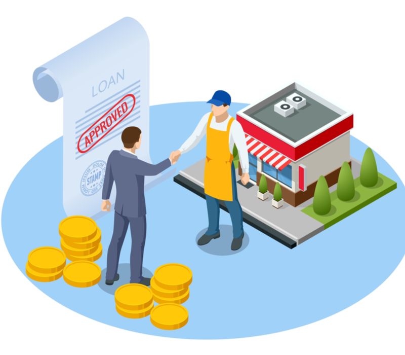 business owner shaking hands with a lender with loan approved; vector illustration